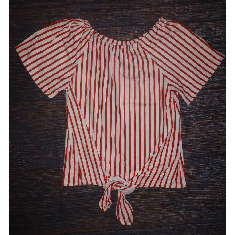 Boutique Red Striped Short Sleeve Girls Tie Shirt